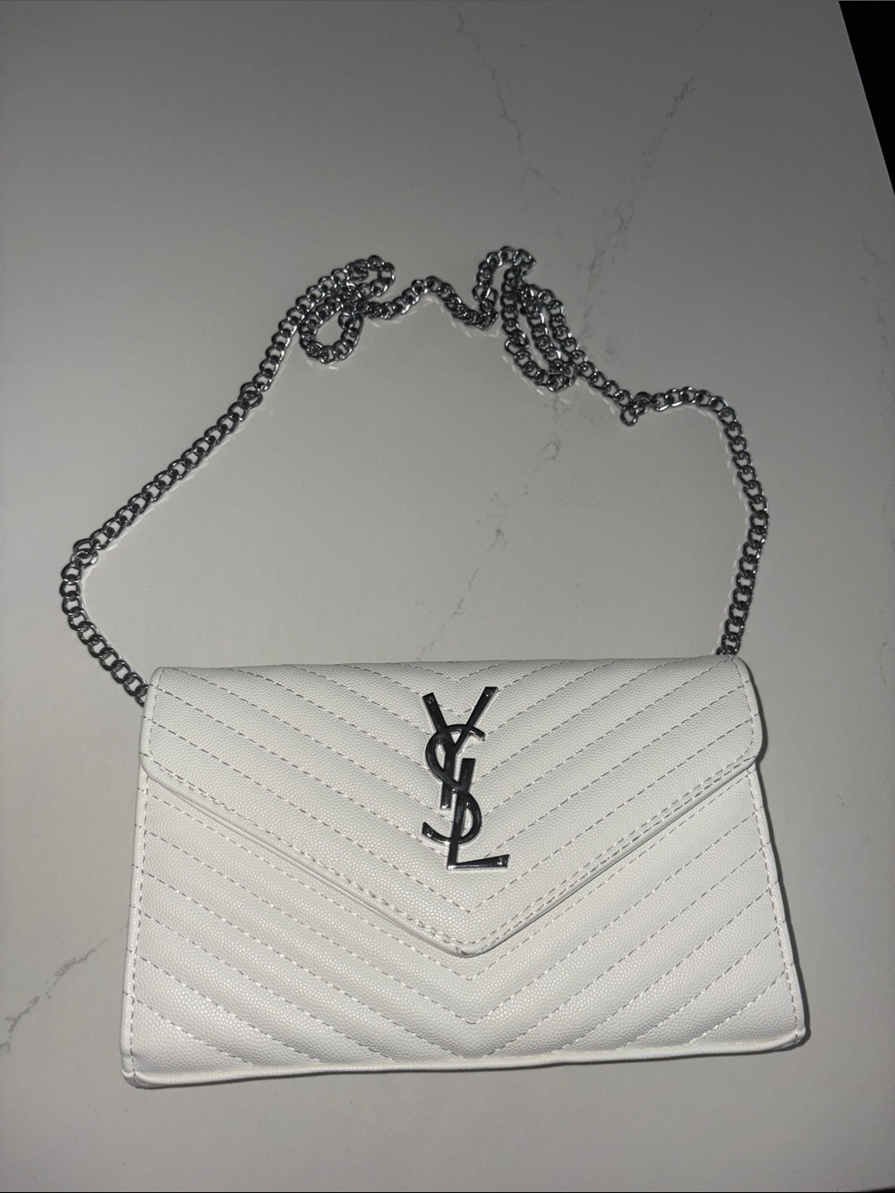 Saint Laurent White Quilted Chevron Chain Crossbody